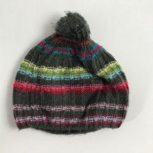 Gray and colorful stripes winter knit pom pom hat youth L/XL